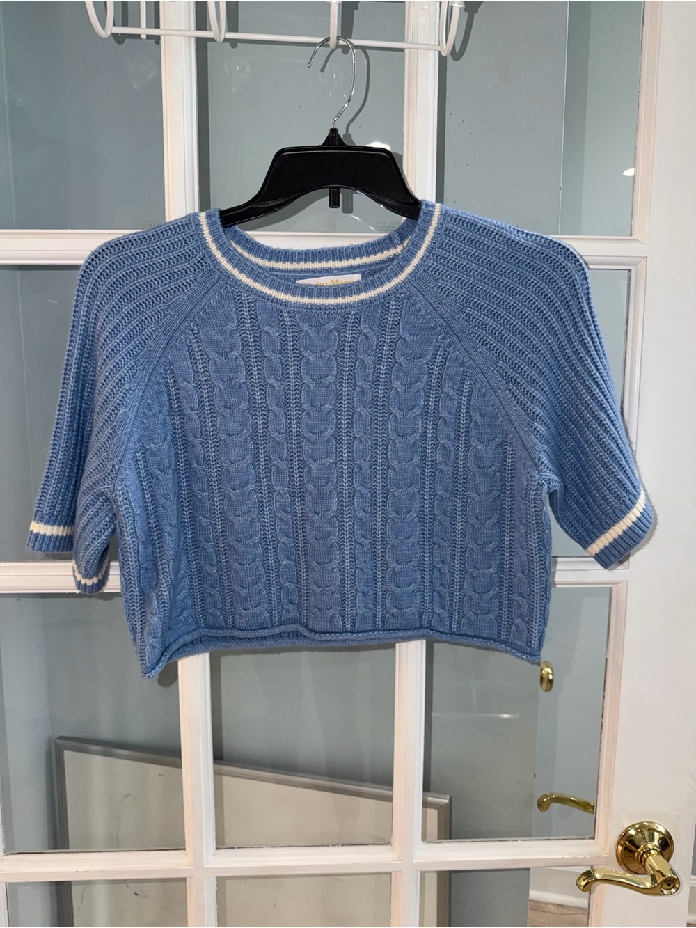 Sugar Moon Blue Cable Knit Cropped Short Sleeve Sweater Women’s Size M